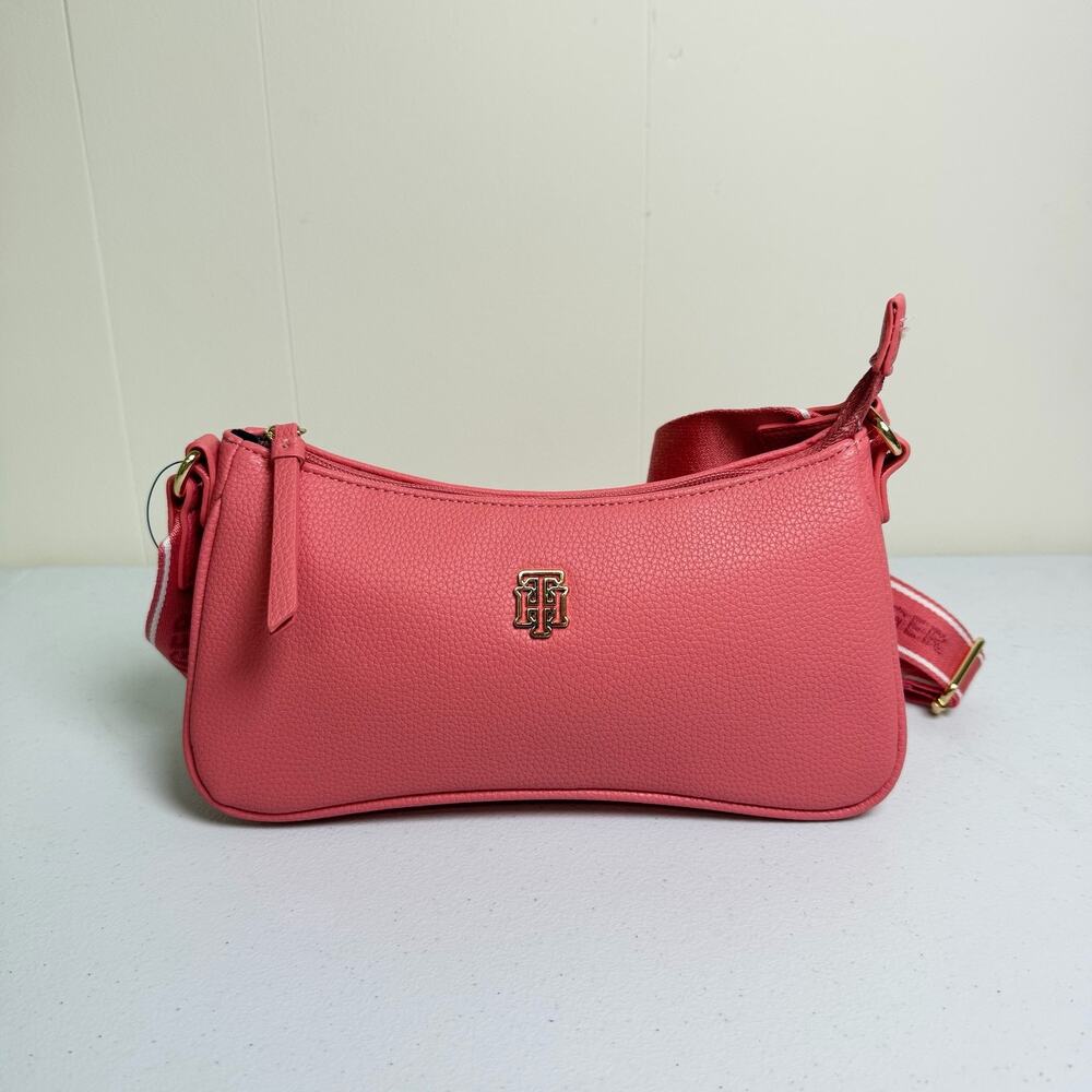Tommy Hilfiger Pink Pebbled Faux Leather Small Shoulder Bag Gold Logo